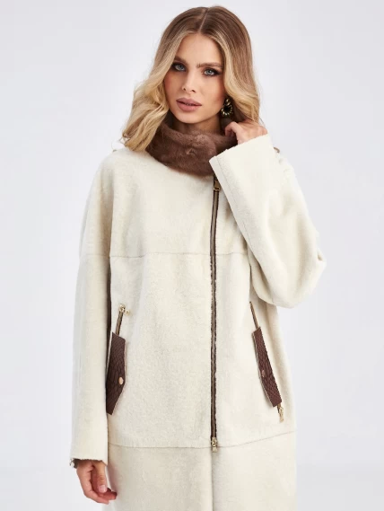 Женская молодежная дубленка с воротником из меха норки премиум класса 2022, белая, размер 48, артикул 63030-0