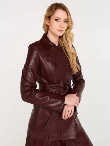 Женский утепленный кожаный двубортный френч 309ш, бордовый, размер 48, артикул 90600-3