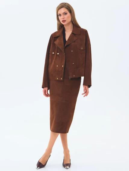Короткая женская замшевая куртка косуха премиум класса 3085з, коньячная, размер 46, артикул 24620-1
