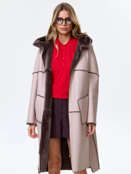 Женское полупальто с капюшоном из натуральной овчины премиум класса 2052, бежевое, размер 46, артикул 64280-0
