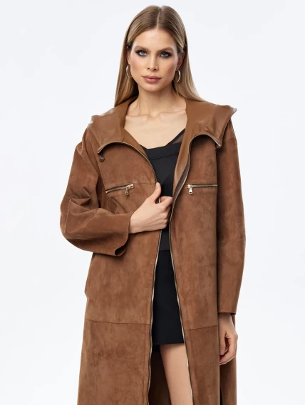 Длинный замшевый женский плащ оверсайз с капюшоном на молнии премиум класса 3058з, светло-коричневый, размер 52, артикул 23560-1