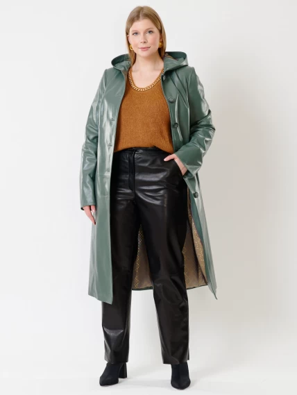 Кожаный женский утепленный плащ с капюшоном 380нш, оливковый, размер 52, артикул 91280-6