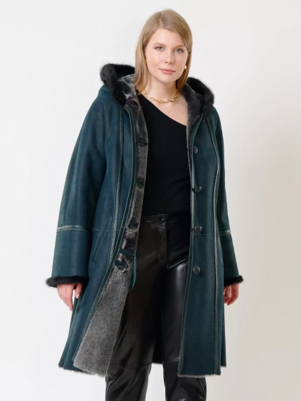 Женская дубленка с капюшоном и отделкой из меха норки 225у, синяя, размер 66, артикул 14860-0