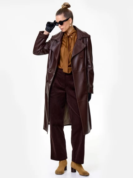 Кожаный двубортный женский плащ с поясом 3003, ореховый, размер 48, артикул 15650-1