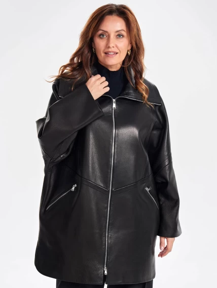 Женское кожаное полупальто оверсайз премиум класса 3057, черное, размер 52, артикул 64020-2