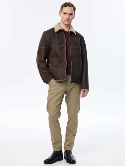 Короткая дубленка из овчины керли премиум класса для мужчин 140, коричневая, размер 52, артикул 71510-6