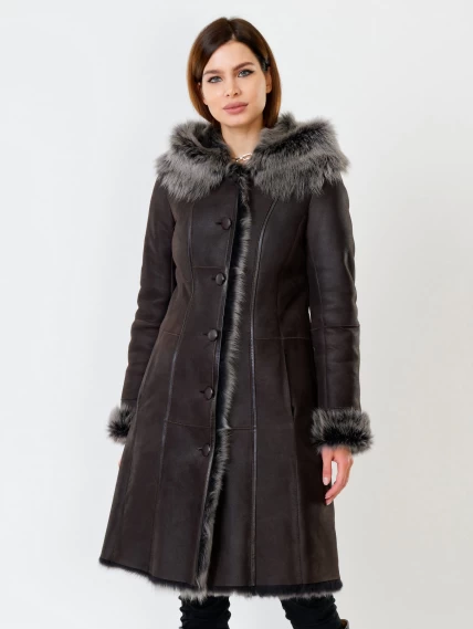 Длинная женская дубленка из тосканы с капюшоном 123нк, коричневая, размер 56, артикул 61901-2