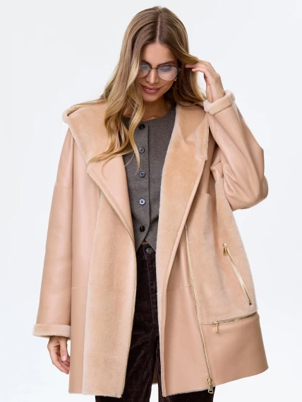 Молодежное полупальто из натуральной овчины для женщин с капюшоном премиум класса 2056, бежевое, размер 48, артикул 64350-1