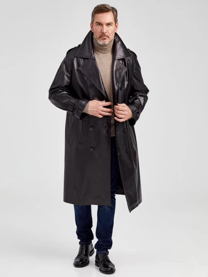 Мужской двубортный кожаный плащ премиум класса 553, черный, размер 52, артикул 40541-6