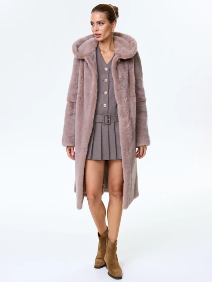 Норковая шуба женская с капюшоном под пояс Лолита(к), пудровая, размер 46, артикул 34170-6