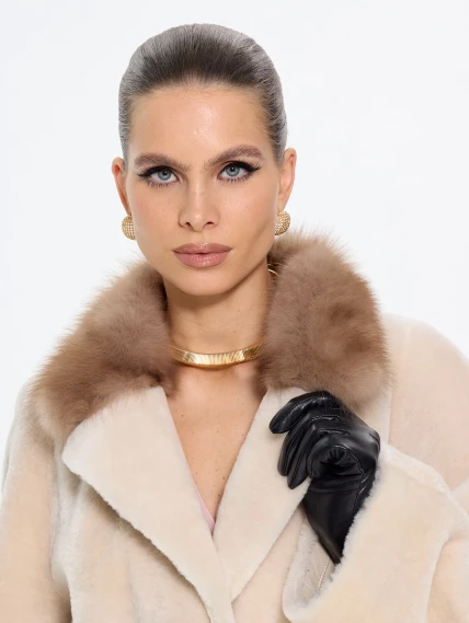 Женская дубленка свободного кроя с куницей 2070, бежевая, размер 44, артикул 65220-3