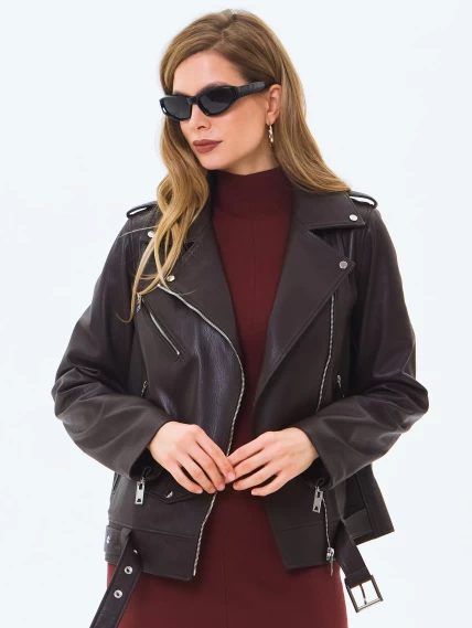 Кожаная женская куртка косуха с поясом премиум класса 3078, коричневая, размер 42, артикул 24580-3