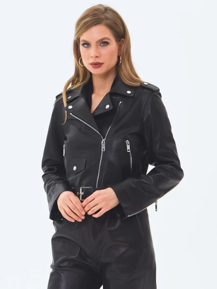 Женская кожаная куртка косуха с поясом премиум класса 3080, черная, размер 42, артикул 24540-7