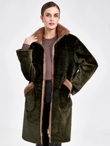 Женская двусторонняя дубленка из астрагана с мехом норки премиум класса 2018, хаки, размер 44, артикул 62771-3