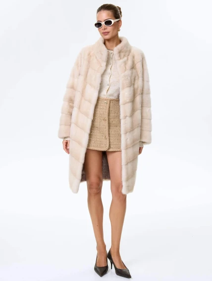 Поперечная женская норковая шуба премиум класса София(с), жемчужная, размер 50, артикул 34110-7