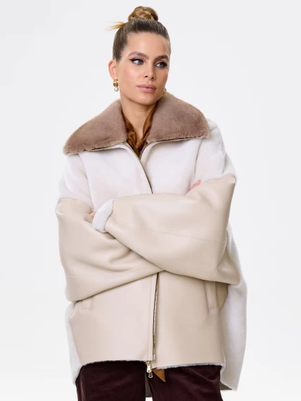 Короткая женская дубленка с норковым воротником премиум класса 2034, бежевая, размер 52, артикул 64180-0