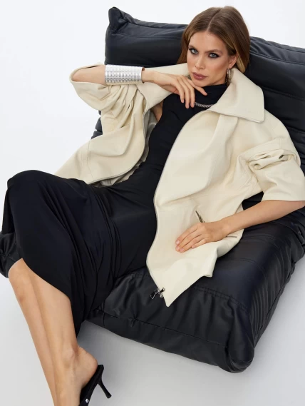 Кожаный плащ оверсайз на молнии для женщин премиум класса 3057, белый, размер 50, артикул 23530-2