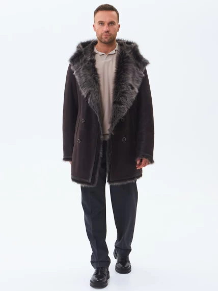 Двубортная мужская дубленка из тосканы с капюшоном премиум класса 415, коричневая, размер 52, артикул 71600-6