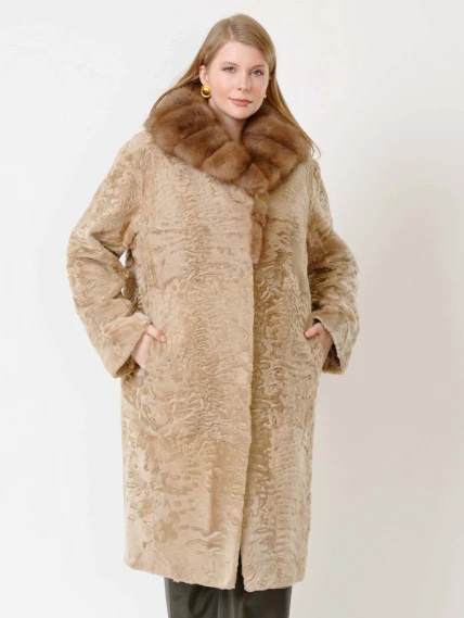 Шуба женская из меха каракуля с мехом куницы Екатерина(вк), жемчужная, размер 54, артикул 22660-6