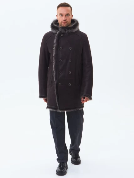 Двубортная мужская дубленка из тосканы с капюшоном премиум класса 415, коричневая, размер 52, артикул 71600-1