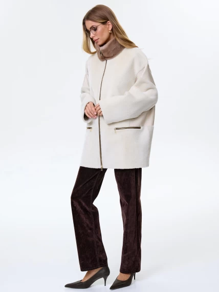 Дубленка на молнии с норковым воротником для женщин премиум класса 2057, белая, размер 44, артикул 64490-2