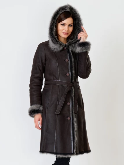 Длинная женская дубленка из тосканы с капюшоном 123нк, коричневая, размер 56, артикул 61901-1