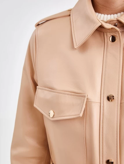 Платье рубашка кожаная женская из натуральной кожи премиум класса 03, бежевая, размер 44, артикул 23181-2