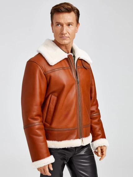 Короткая мужская дубленка пилот премиум класса 430, коньячная, размер 52, артикул 70771-0