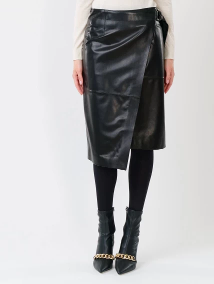 Черная кожаная юбка миди 07, размер 44, артикул 85430-6