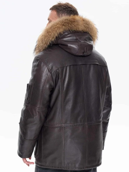 Утепленная мужская кожаная куртка аляска с мехом енота Алекс, коричневая, размер 52, артикул 40300-5