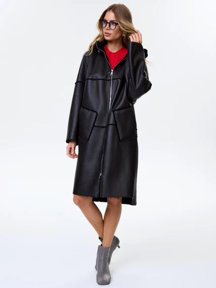 Женское полупальто с капюшоном из натуральной овчины премиум класса 2052, черное, размер 46, артикул 64290-1