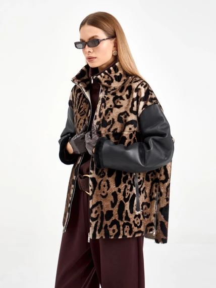 Короткая комбинированная женская дубленка 2076, коричневая, размер 46, артикул 65100-1