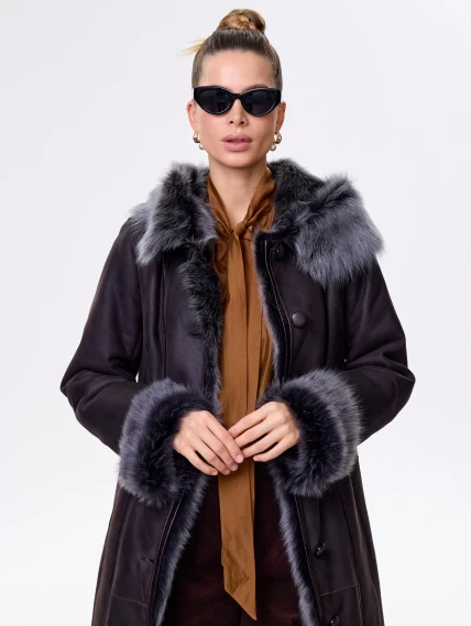 Длинная женская дубленка из тосканы с капюшоном 123нк, коричневая, размер 56, артикул 61483-3