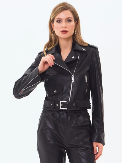 Женская кожаная куртка косуха с поясом премиум класса 3080, черная, размер 42, артикул 24540-4