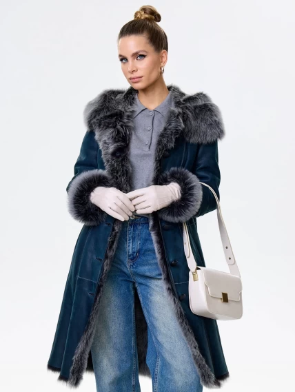 Длинная женская дубленка из тосканы с капюшоном 123нк, синяя, размер 40, артикул 61913-6