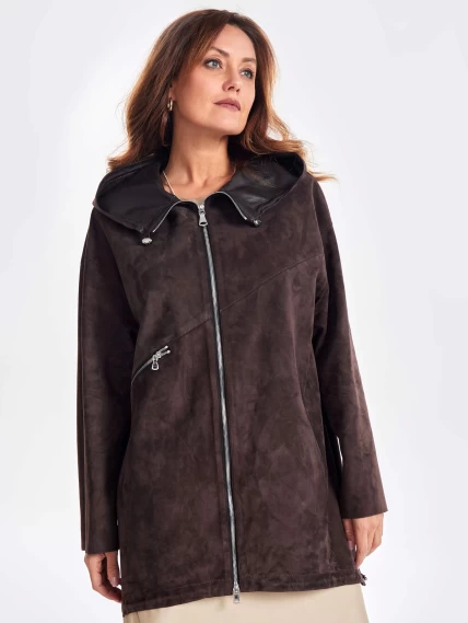 Замшевый женский плащ оверсайз на молнии с капюшоном премиум класса 3053з, коричневый, размер 48, артикул 23470-3