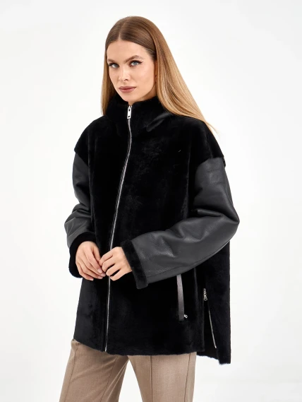 Короткая черная женская дубленка с капюшоном 2076, размер 46, артикул 65260-1