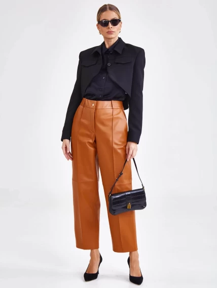 Коричневые модные женские кожаные брюки 08, размер 42, артикул 85912-0