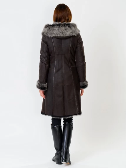 Длинная женская дубленка из тосканы с капюшоном 123нк, коричневая, размер 56, артикул 61901-4
