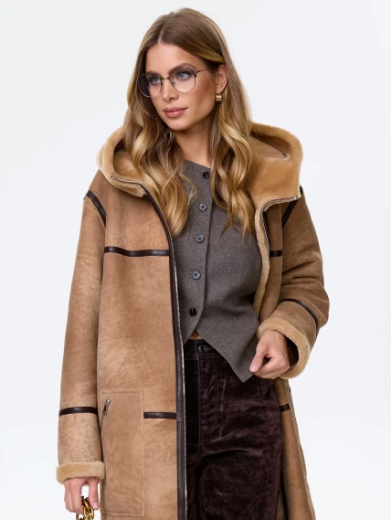 Длинное женское пальто с капюшоном из натуральной овчины премиум класса 2061, светло-коричневое, размер 44, артикул 64440-0