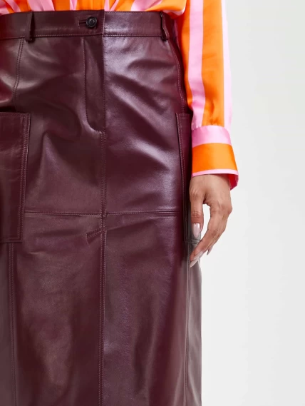 Кожаная юбка с разрезом 10, бордовая, размер 44, артикул 85590-2