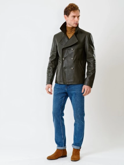 Двубортная мужская кожаная куртка Клуб, оливковая, размер 48, артикул 28390-2