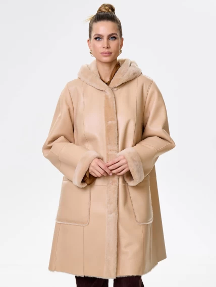 Женская классическая дубленка с капюшоном премиум класса 2004, бежевая, размер 54, артикул 62840-0