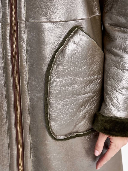 Женская двусторонняя дубленка из астрагана с мехом норки премиум класса 2018, хаки, размер 44, артикул 62771-4