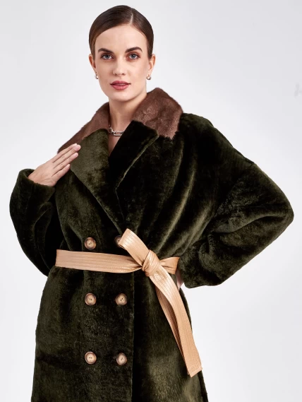 Двусторонняя двубортная женская шуба из астрагана с мехом норки премиум класса 2017, хаки, размер 48, артикул 62791-0