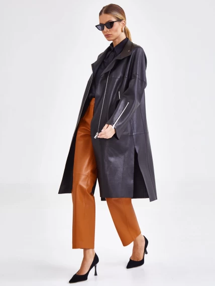 Женский кожаный плащ на молнии премиум класса 3041, черный, размер 48, артикул 91891-0