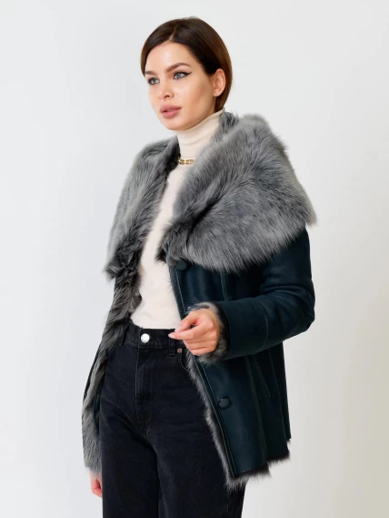 Короткая женская дубленка из тосканы с капюшоном 122, синяя, размер 40, артикул 61852-1