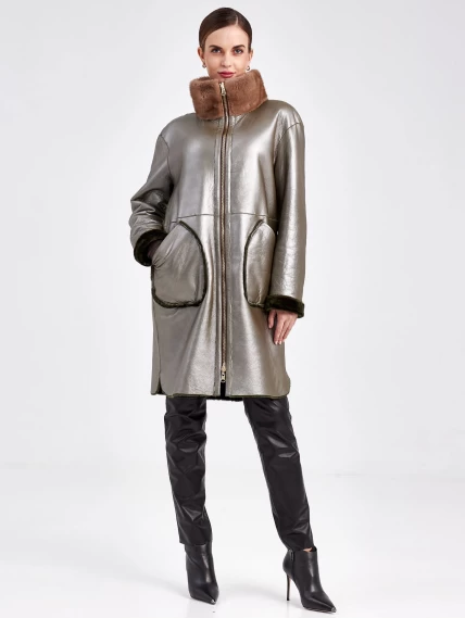 Женская двусторонняя дубленка из астрагана с мехом норки премиум класса 2018, хаки, размер 44, артикул 62771-6