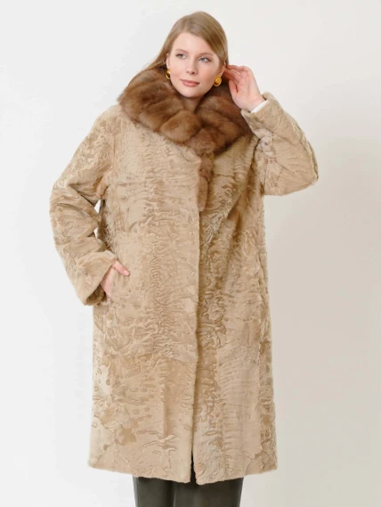 Шуба женская из меха каракуля с мехом куницы Екатерина(вк), жемчужная, размер 54, артикул 22660-5