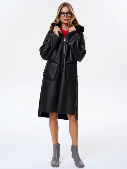Стильная женская дубленка оверсайз с капюшоном премиум класса 2052, черная, размер 46, артикул 64470-1